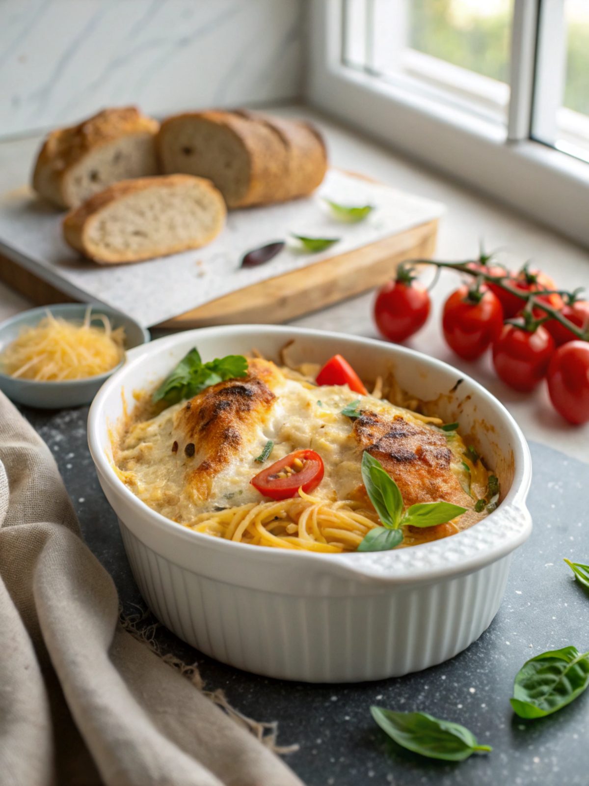 Scrumptious and cheesy Keto Chicken Chicken Bake fresh from the oven