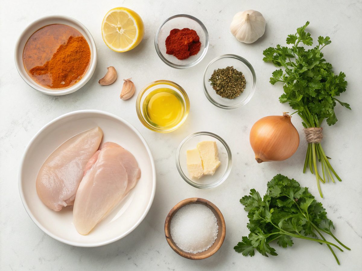 All the ingredients laid out for keto chicken lemon soup with smoky paprika.