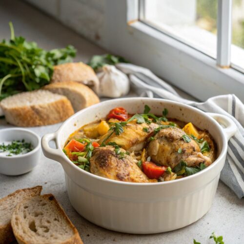A beautifully plated keto chicken one pot dish featuring fresh vegetables and golden brown chicken.