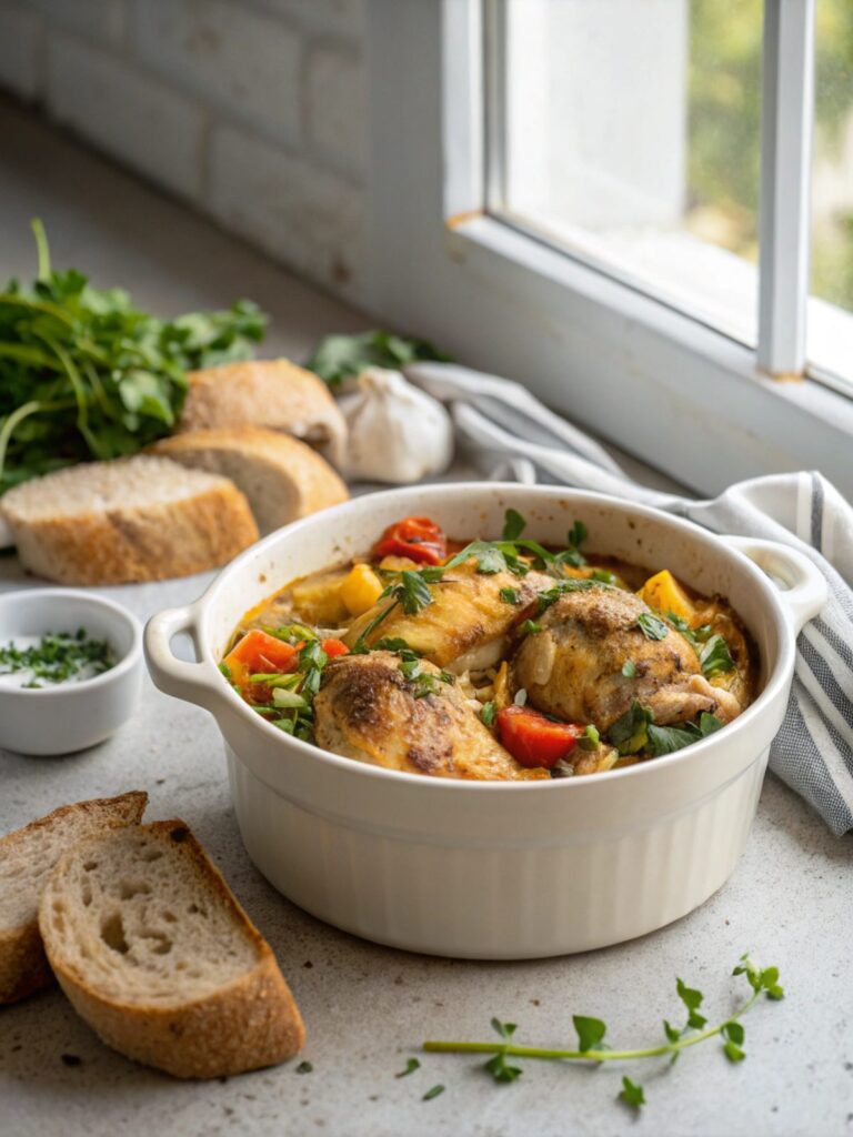 A beautifully plated keto chicken one pot dish featuring fresh vegetables and golden brown chicken.