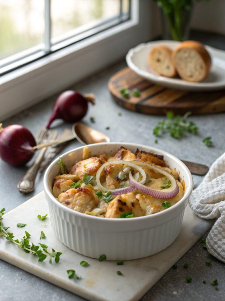 Featured image showing a beautifully baked Keto Chicken Onion dish