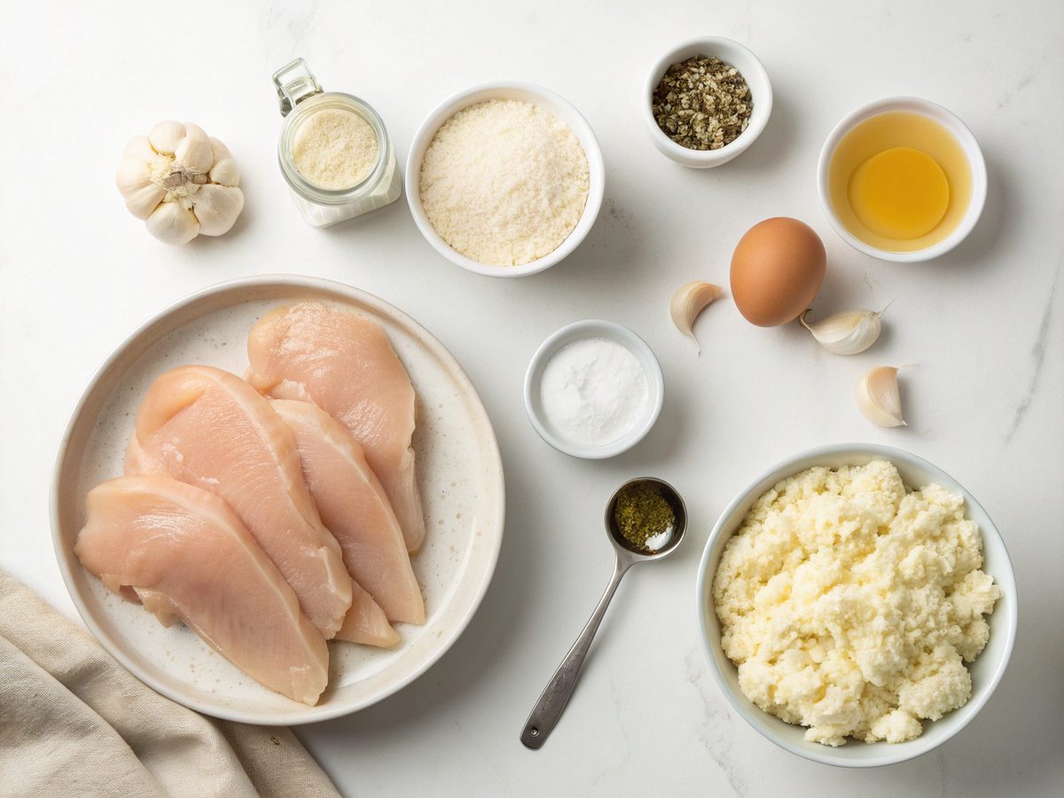 Ingredients for keto chicken ranch bake laid out on a kitchen counter.