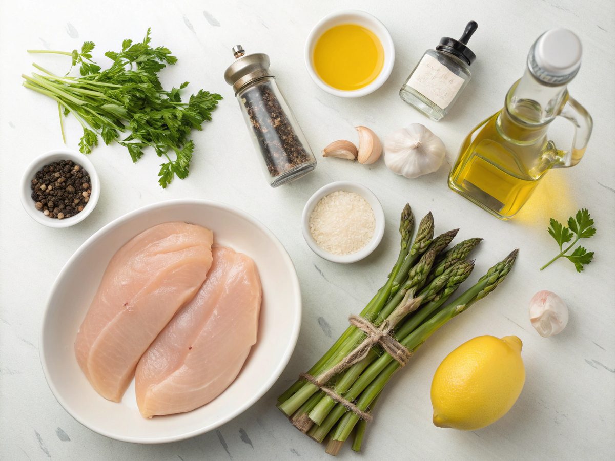 Ingredients laid out for Keto Chicken with Asparagus Sauce