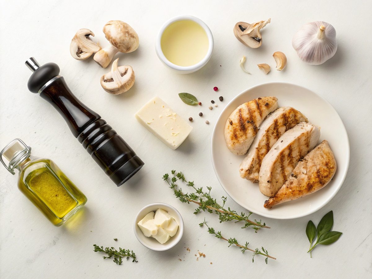 Ingredients for Keto Chicken with Mushroom Sauce displayed on a counter.