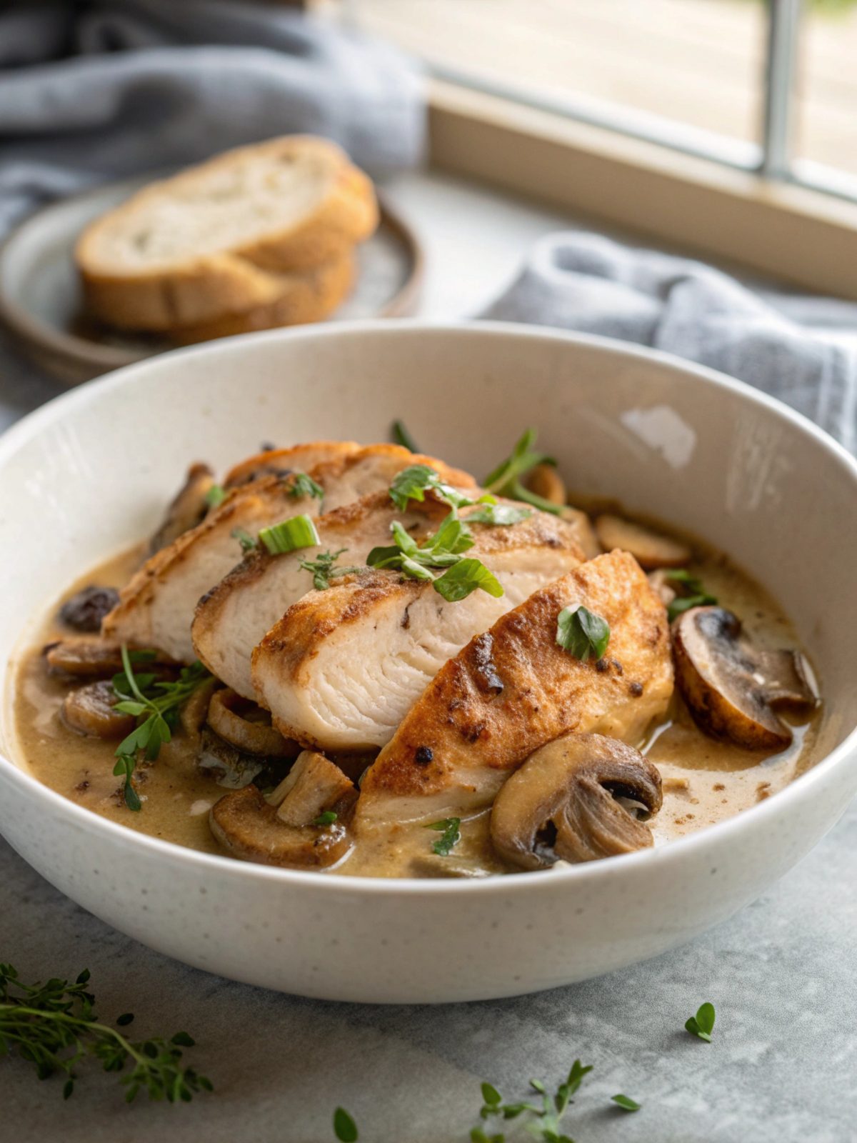 A beautifully plated dish of Keto Chicken with Mushroom Sauce, garnished with fresh thyme