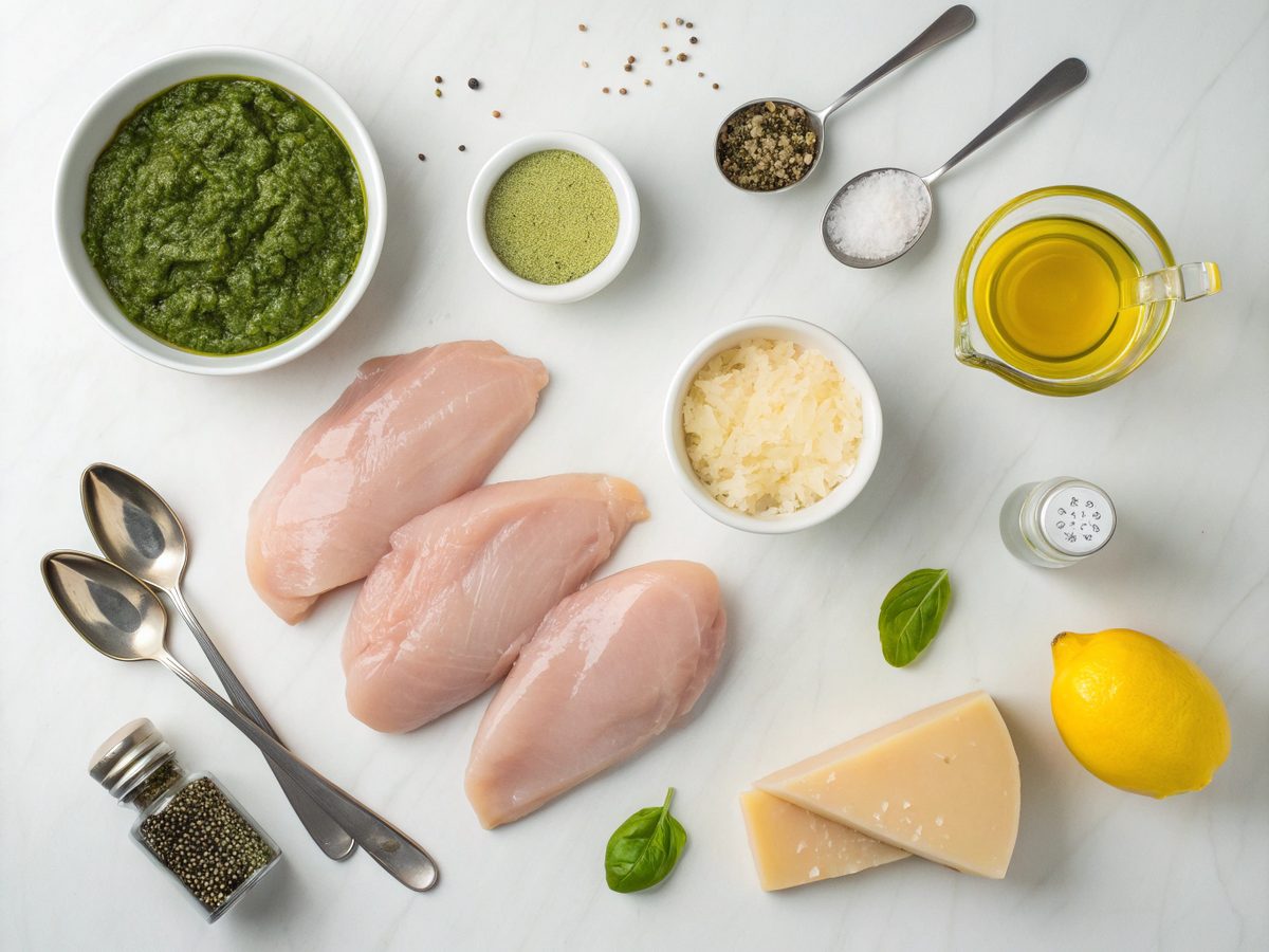 Flat lay of keto chicken with pesto sauce ingredients displayed.