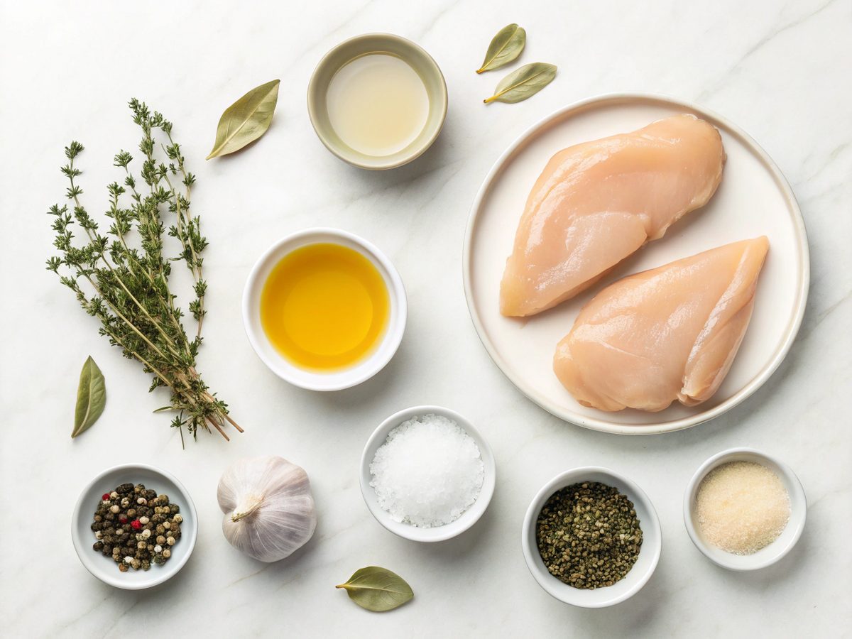 Ingredients for keto chicken with thyme sauce laid out.