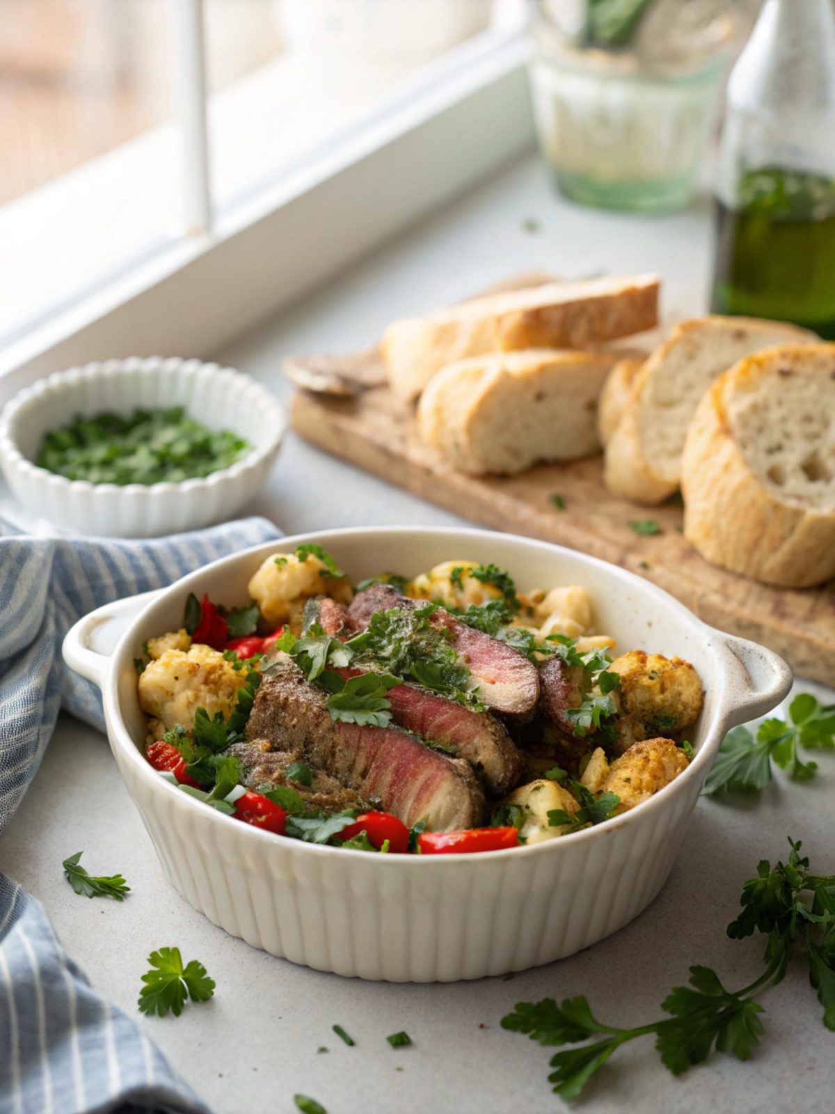Keto Chimichurri Steak with Roasted Cauliflower on a Plate