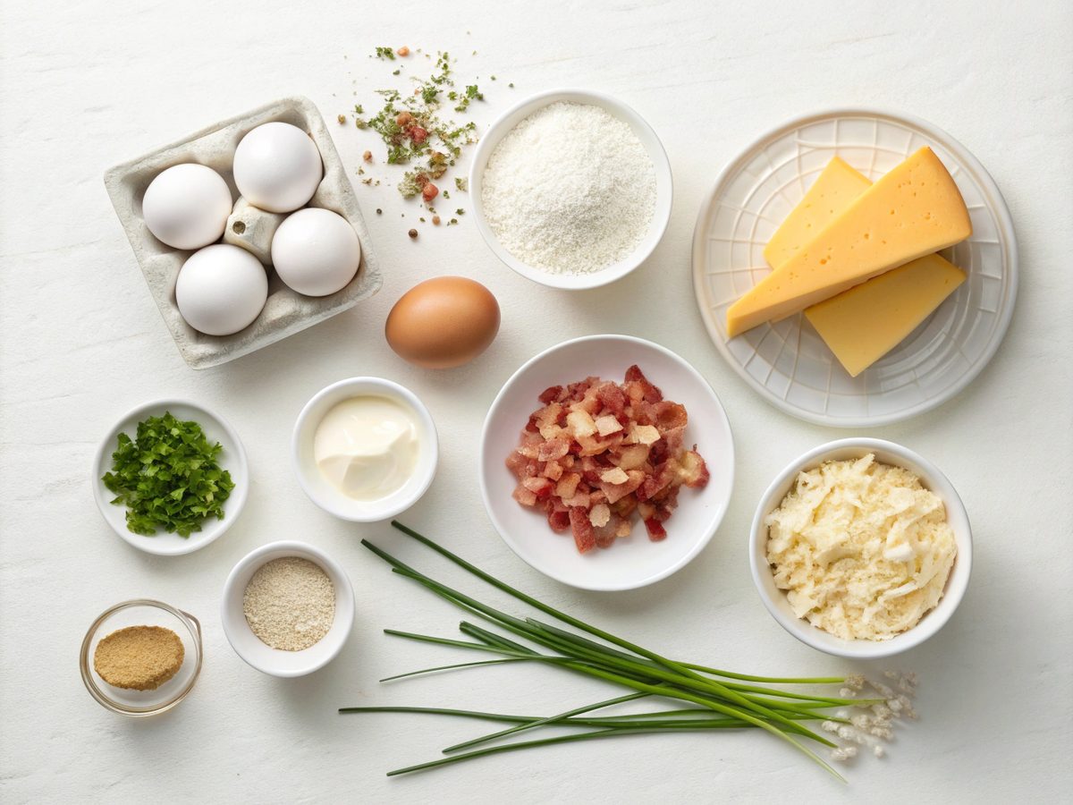 A flat lay of ingredients for keto chive breakfast casserole