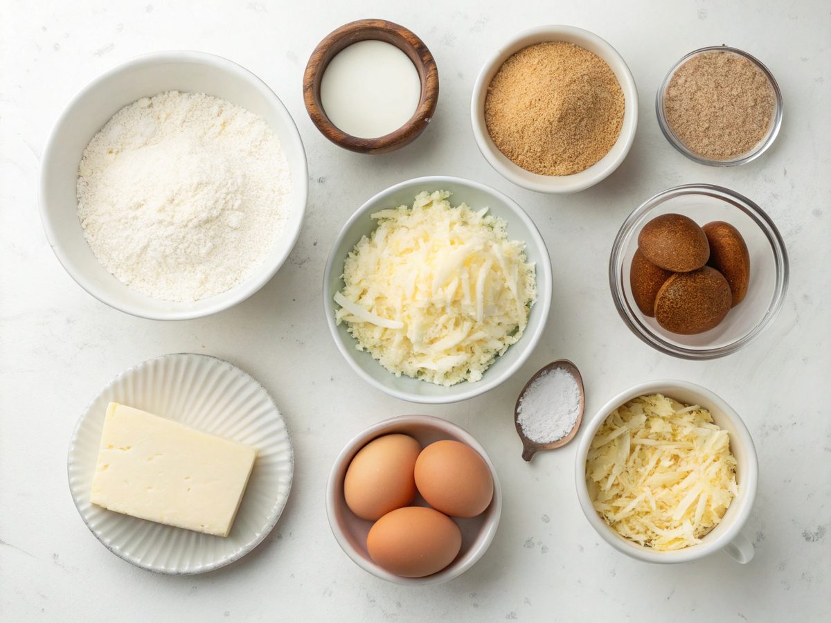 Ingredients for Keto Coconut Flour Breakfast Casserole including coconut flour, eggs, and cheese