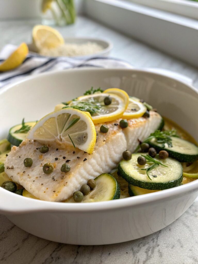 A vibrant plate of Keto Cod with Lemon Caper Butter Zucchini, expertly plated.