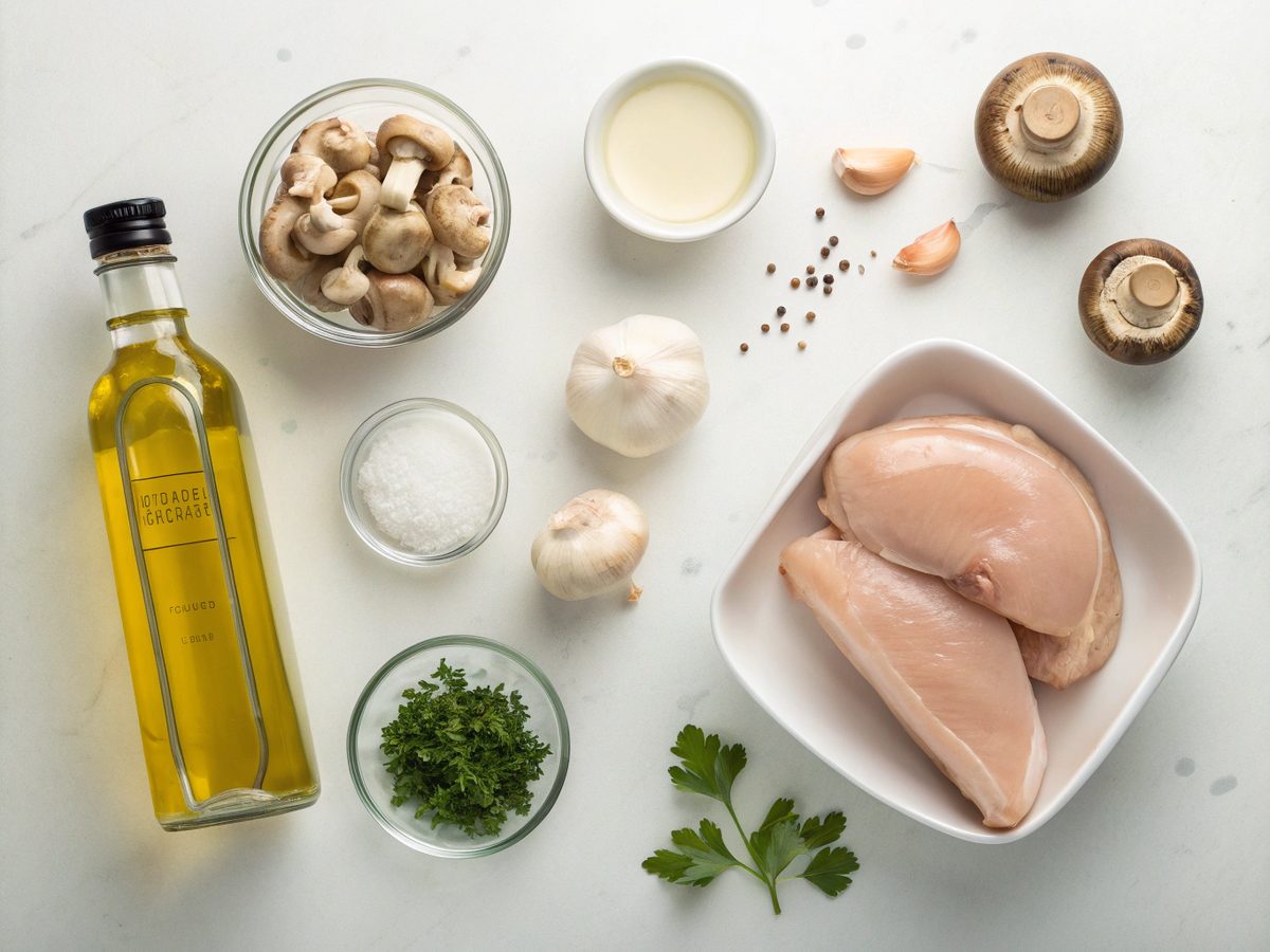 Ingredients for keto creamy mushroom chicken skillet with chicken, mushrooms, and cream.