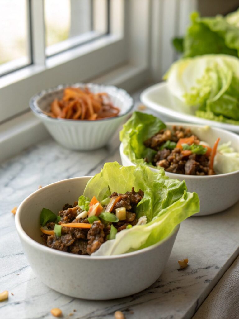 A close-up of keto garlic ginger beef lettuce cups ready to be served.