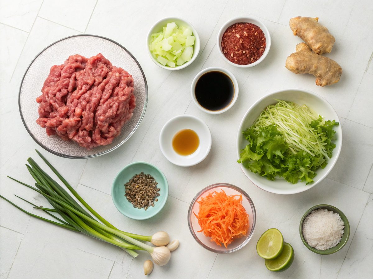 Ingredients for keto garlic ginger beef lettuce cups.