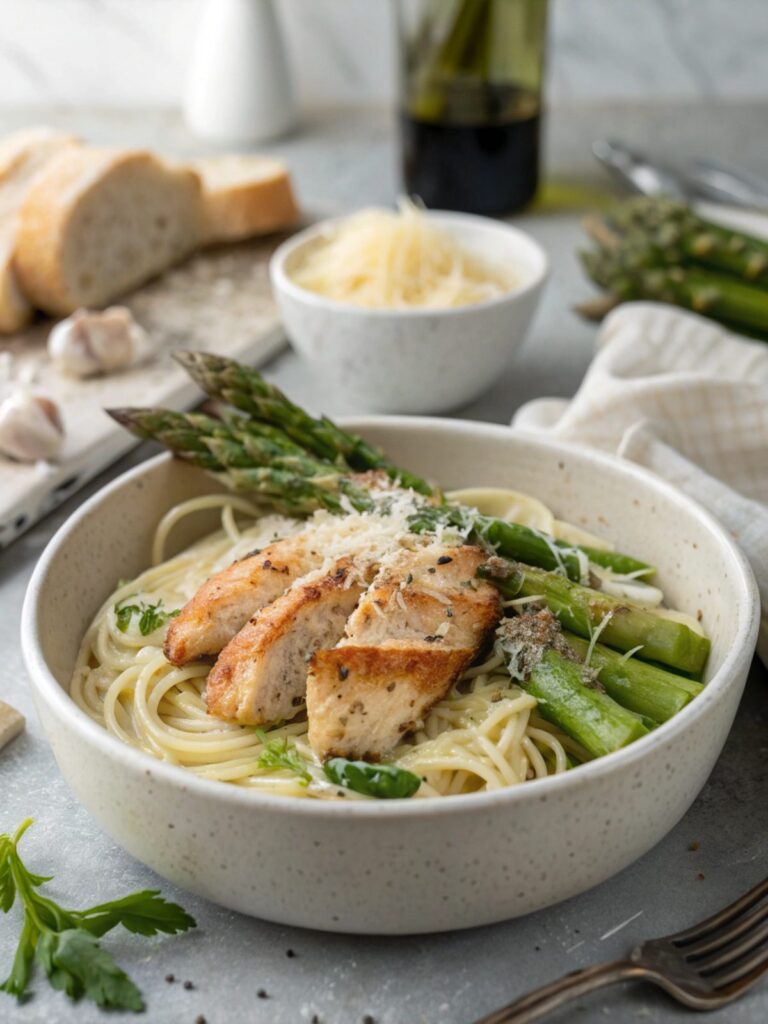 Delicious Keto Garlic Parmesan Chicken Asparagus Skillet ready to serve