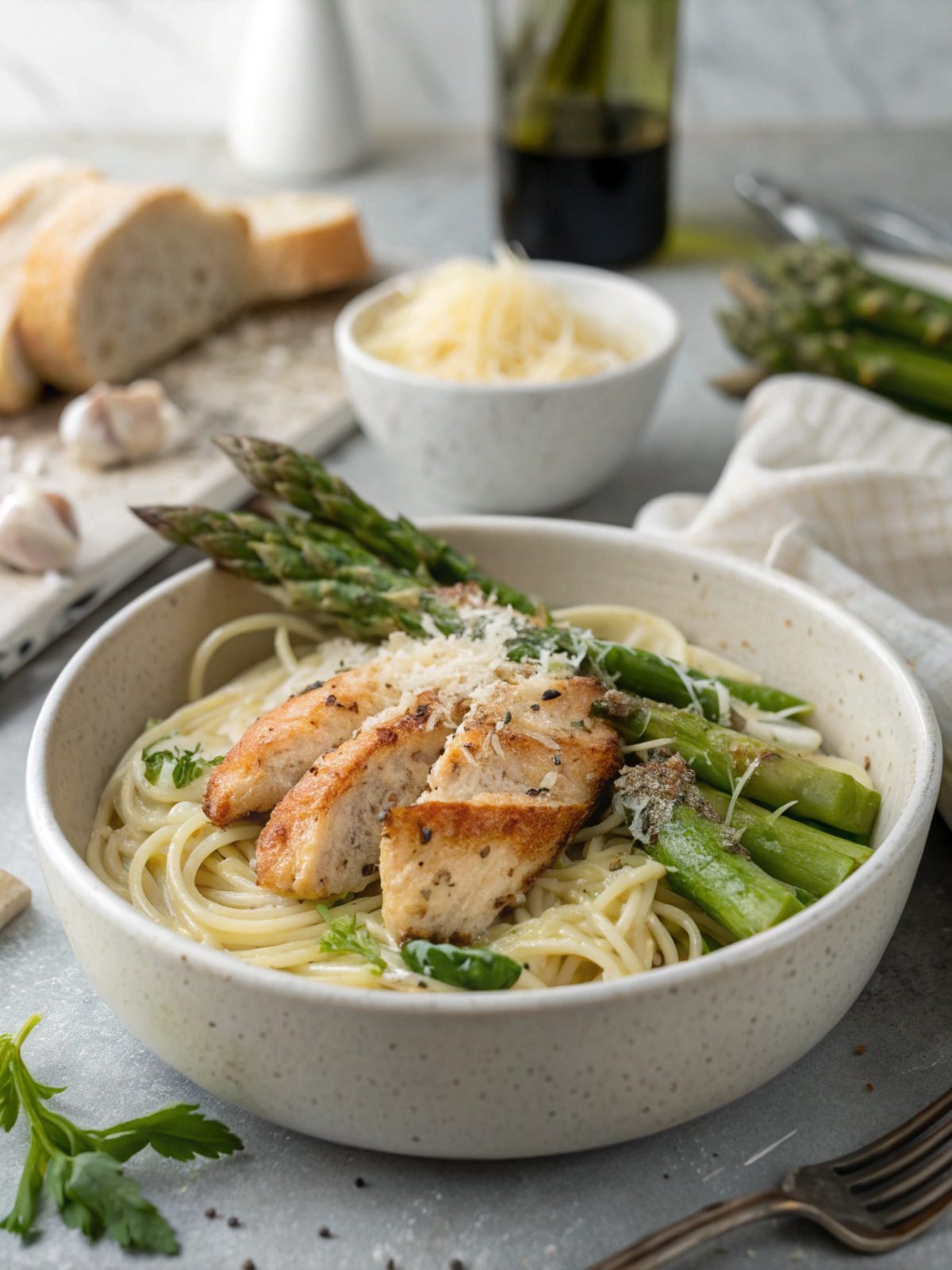 Delicious Keto Garlic Parmesan Chicken Asparagus Skillet ready to serve