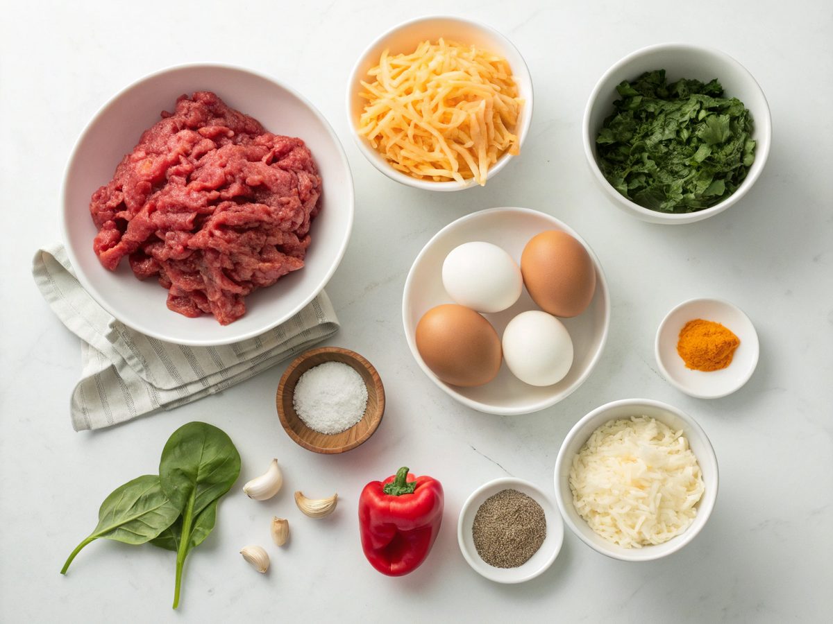 Colorful array of keto ground beef breakfast casserole ingredients