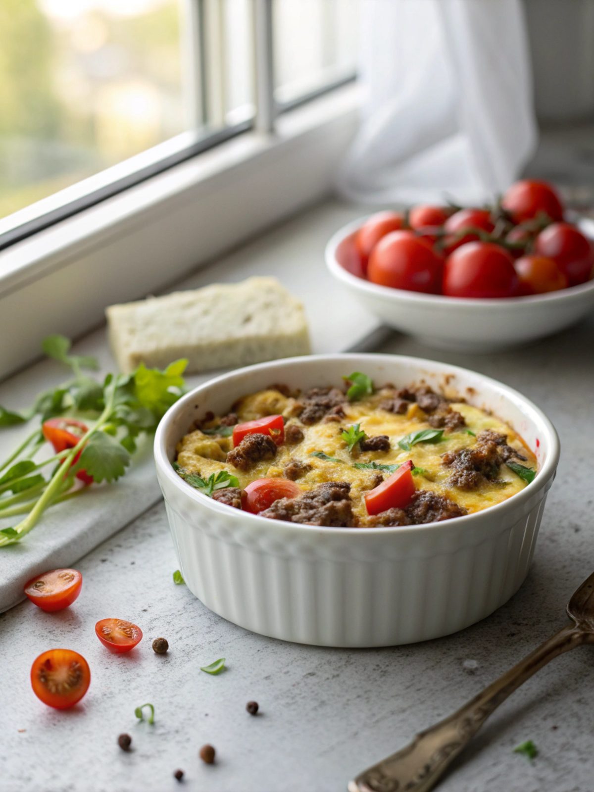 Featured image of beautifully served Keto Ground Beef Breakfast Casserole