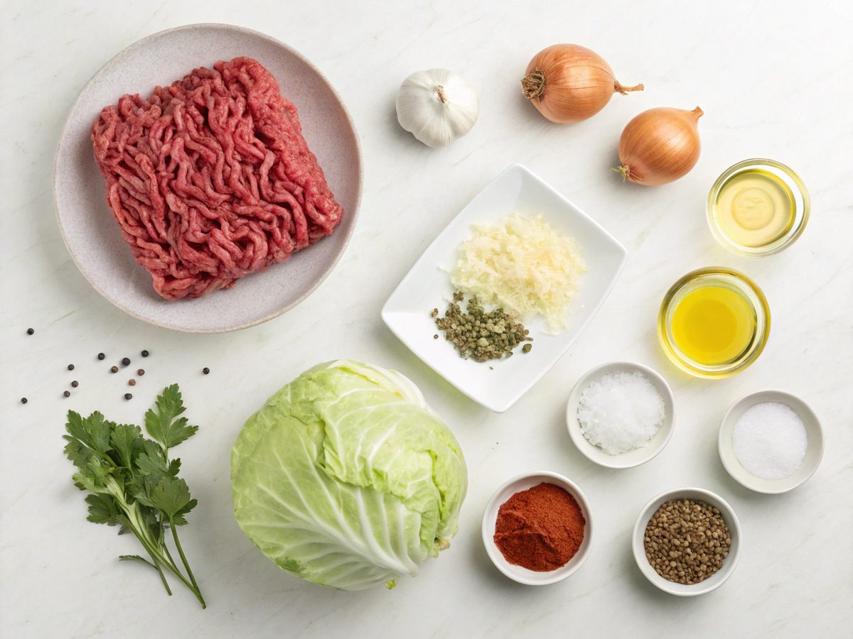 Ingredients for the Keto Ground Beef Cabbage Skillet laid out for preparation.