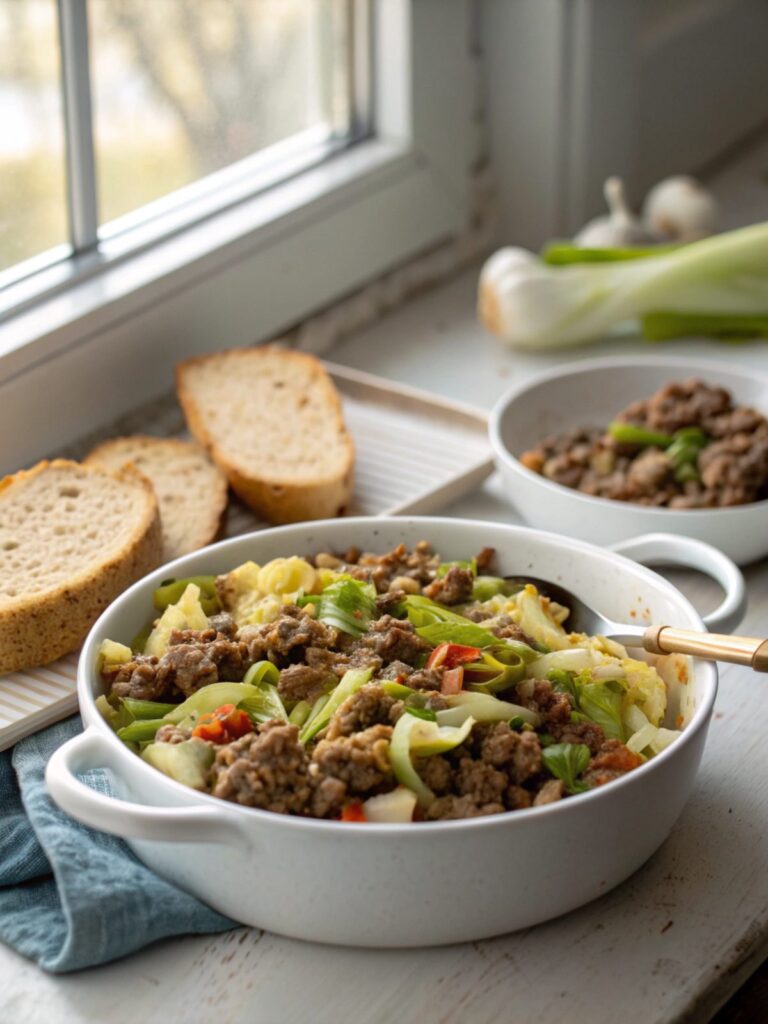 Featured image of Keto Ground Beef Cabbage Skillet with vibrant ingredients