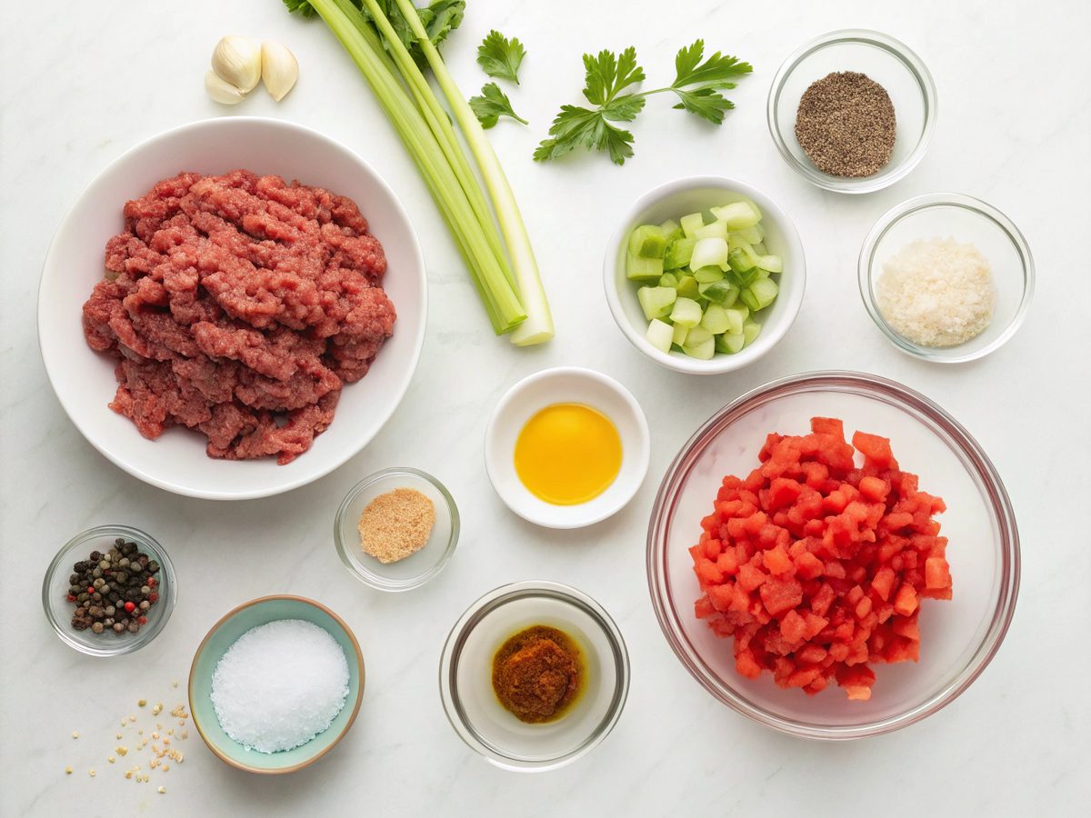 Flat lay of ingredients for keto ground beef celery skillet including beef, celery, and spices