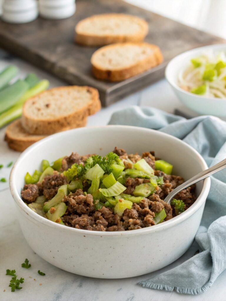 Featured dish of keto ground beef celery skillet in a ceramic bowl.