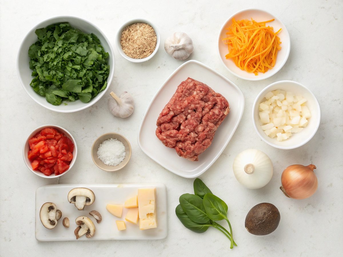 Ingredients for making keto ground beef cheddar skillet, displayed on a kitchen counter.