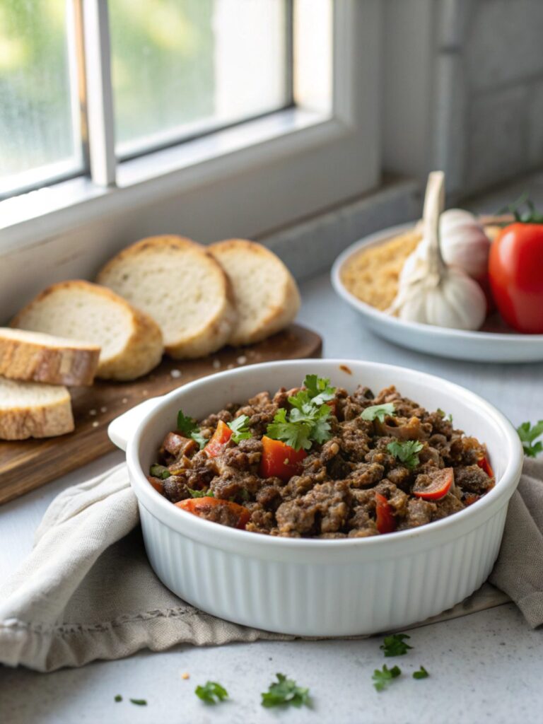 A close-up image of the keto ground beef garlic skillet ready to be served.