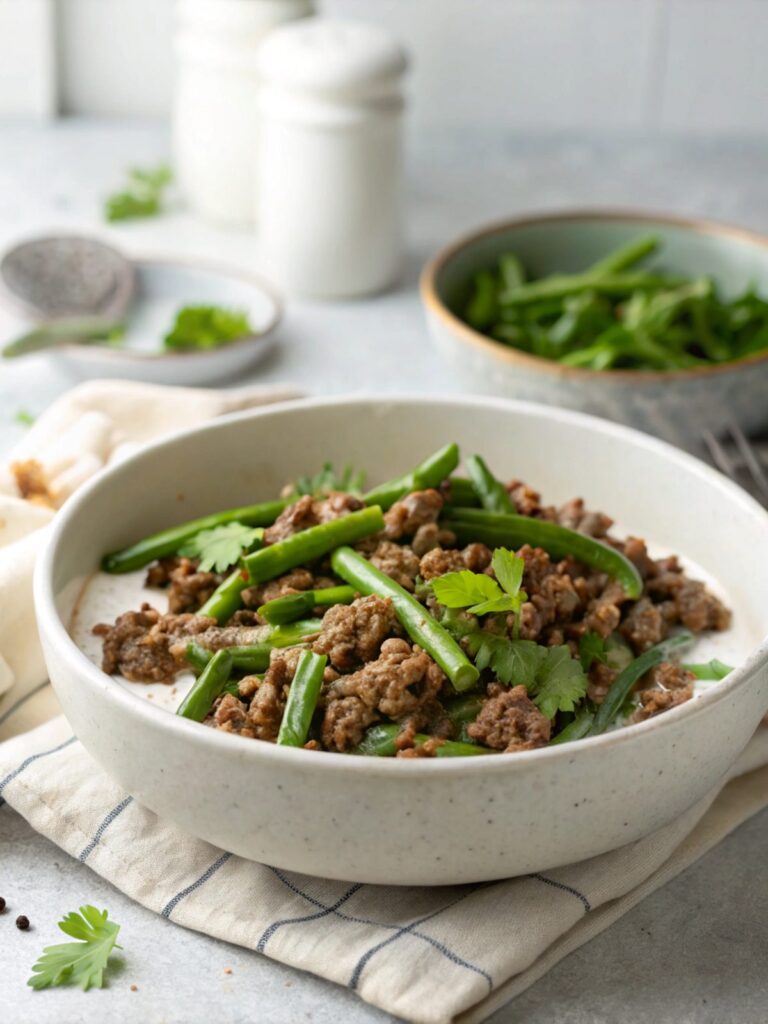 Delicious Keto Ground Beef and Green Beans Roast with Coconut Milk served hot.