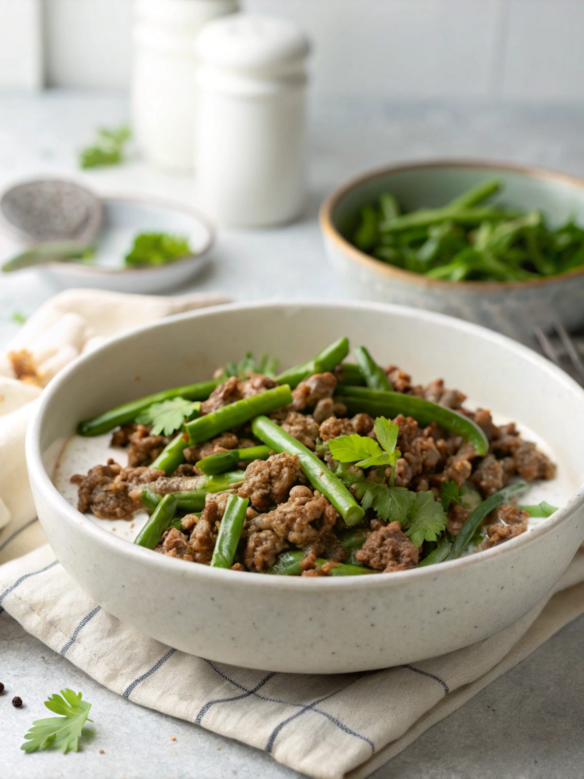Delicious Keto Ground Beef and Green Beans Roast with Coconut Milk served hot.