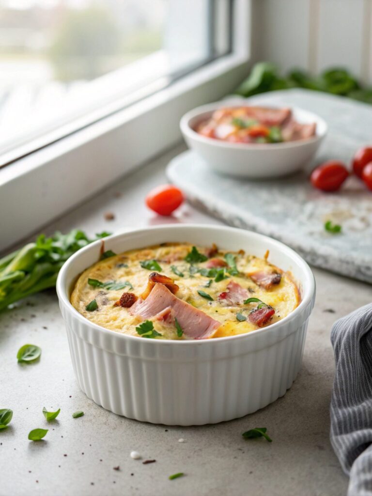 A mouth-watering close-up of Keto Ham Breakfast Casserole, garnished and ready to serve.
