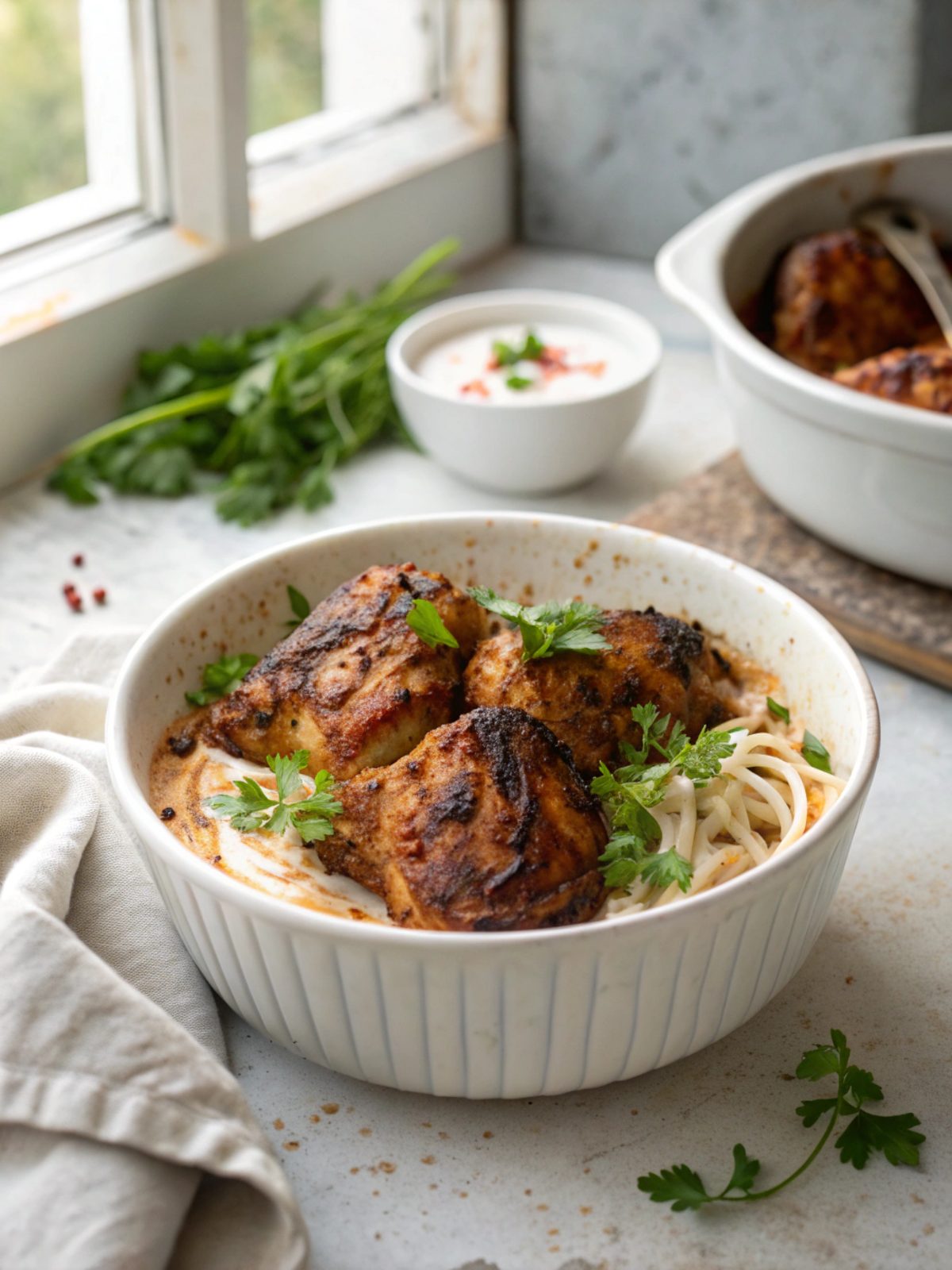 Keto Harissa Yogurt Chicken Thighs served fresh with garnishing