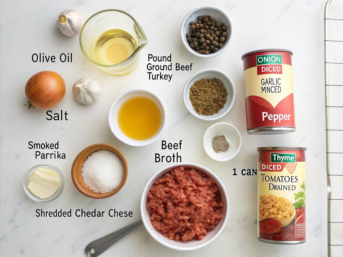 Ingredients for making Keto Instant Pot Cheddar Stew displayed on a kitchen counter.