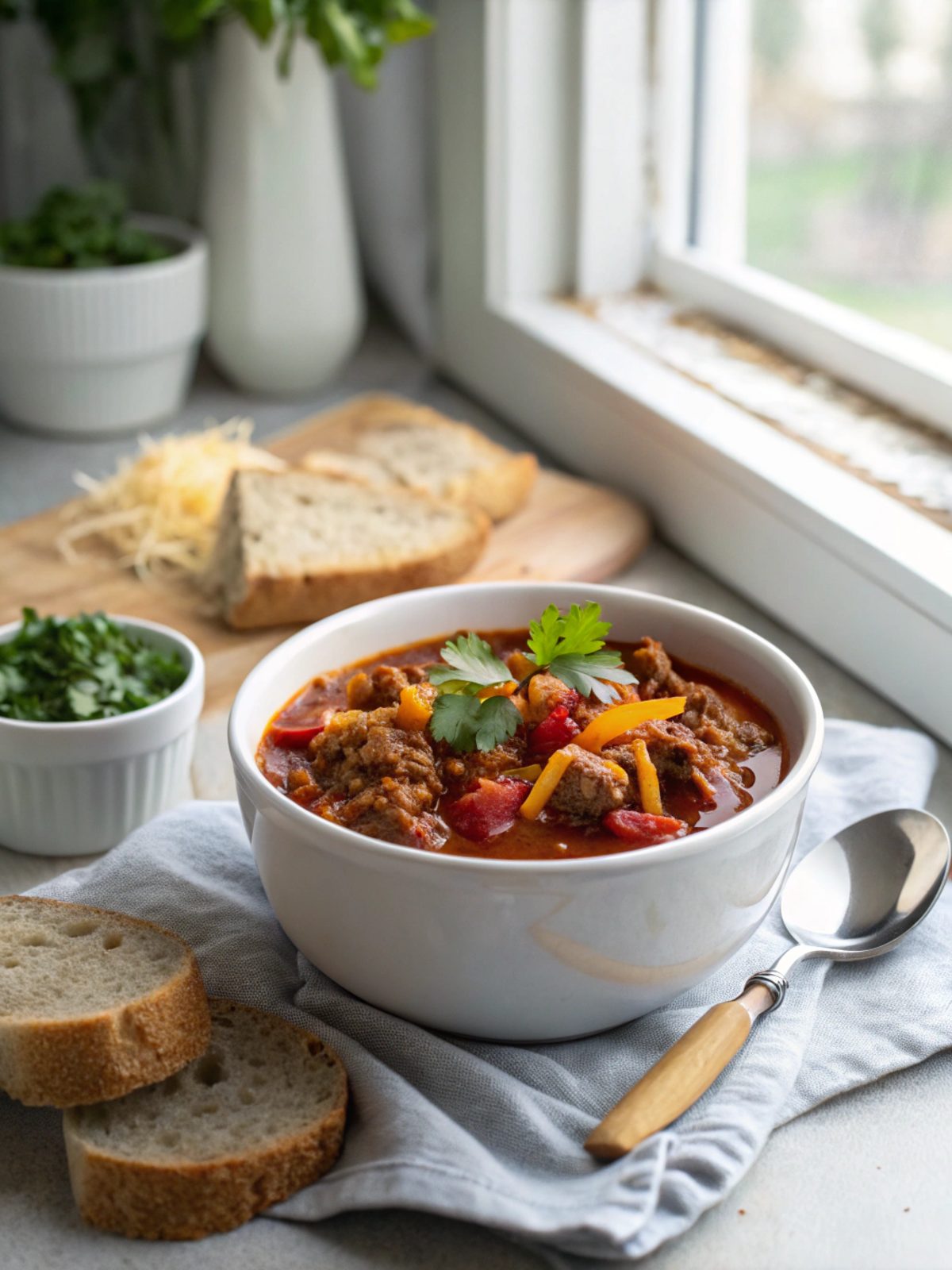 Hearty bowl of keto instant pot chili stew garnished with cilantro.