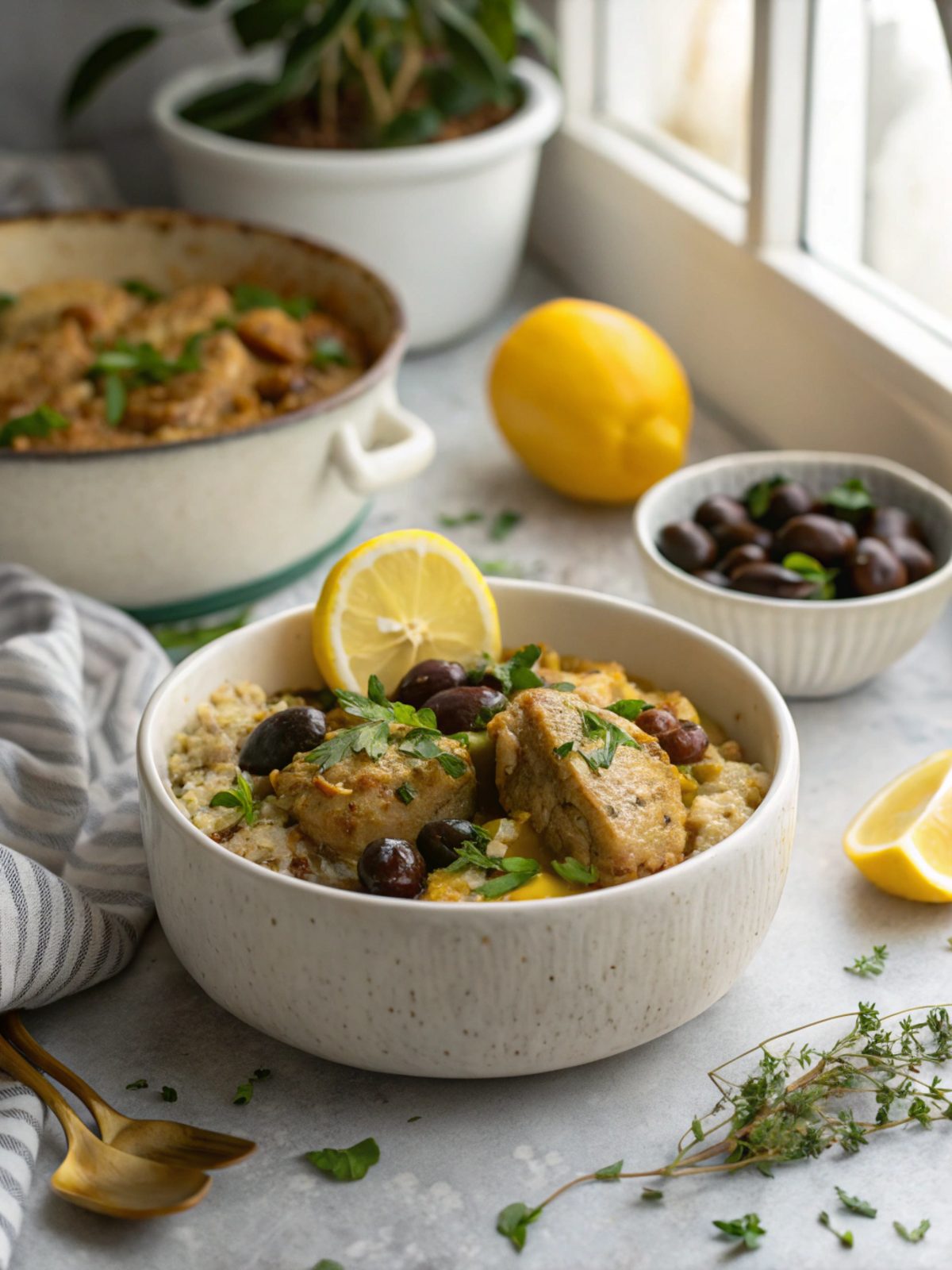 Featured image of Keto Instant Pot Moroccan Lemon Olive Chicken served in a bowl
