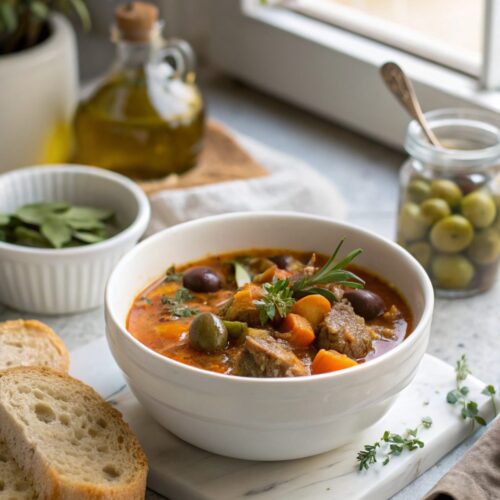 Featured image of Keto Instant Pot Olive Stew, showcasing a savory, warm bowl of stew