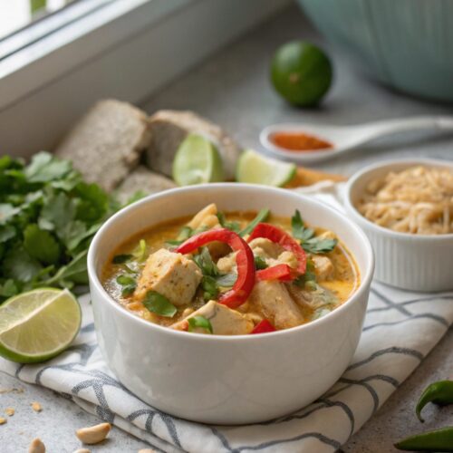 A beautifully styled plate of Keto Instant Pot Thai Coconut Chicken, garnished with fresh herbs.