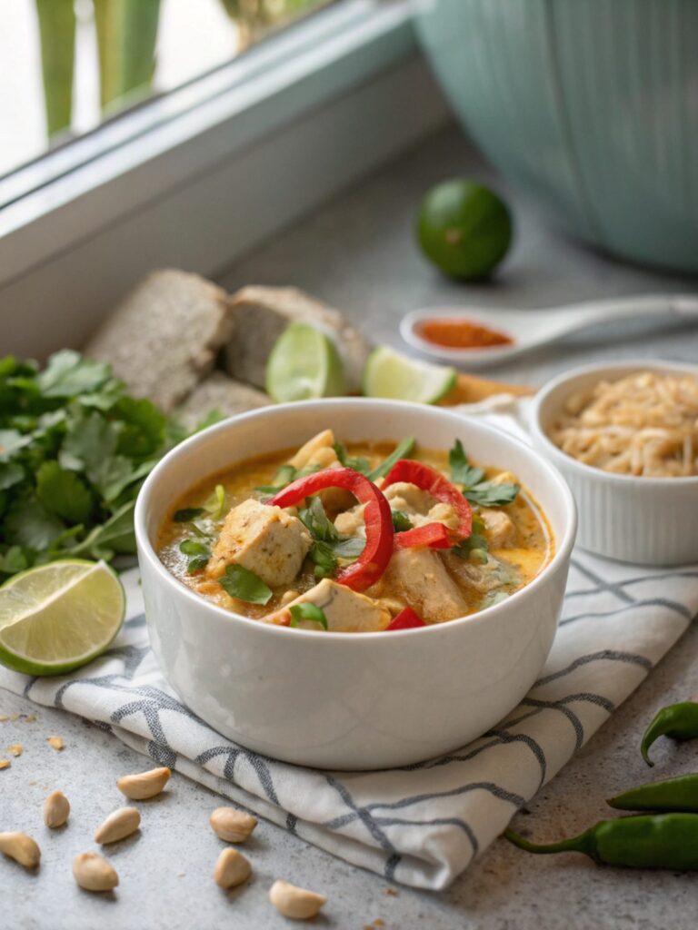 A beautifully styled plate of Keto Instant Pot Thai Coconut Chicken, garnished with fresh herbs.