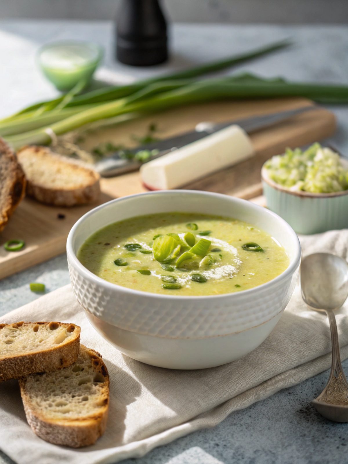A delectable bowl of keto leeks soup garnished with herbs.