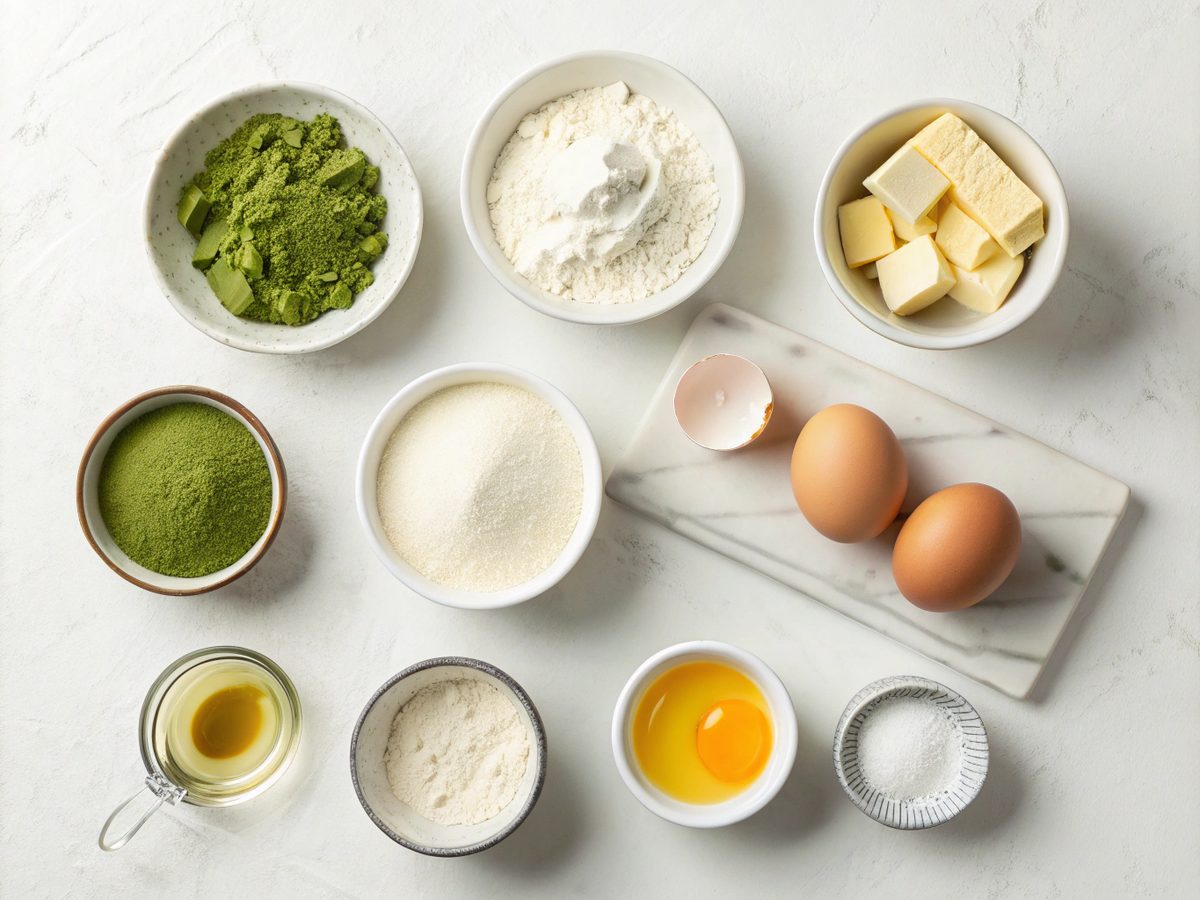 Keto Matcha Cheesecake ingredients laid out on a kitchen counter
