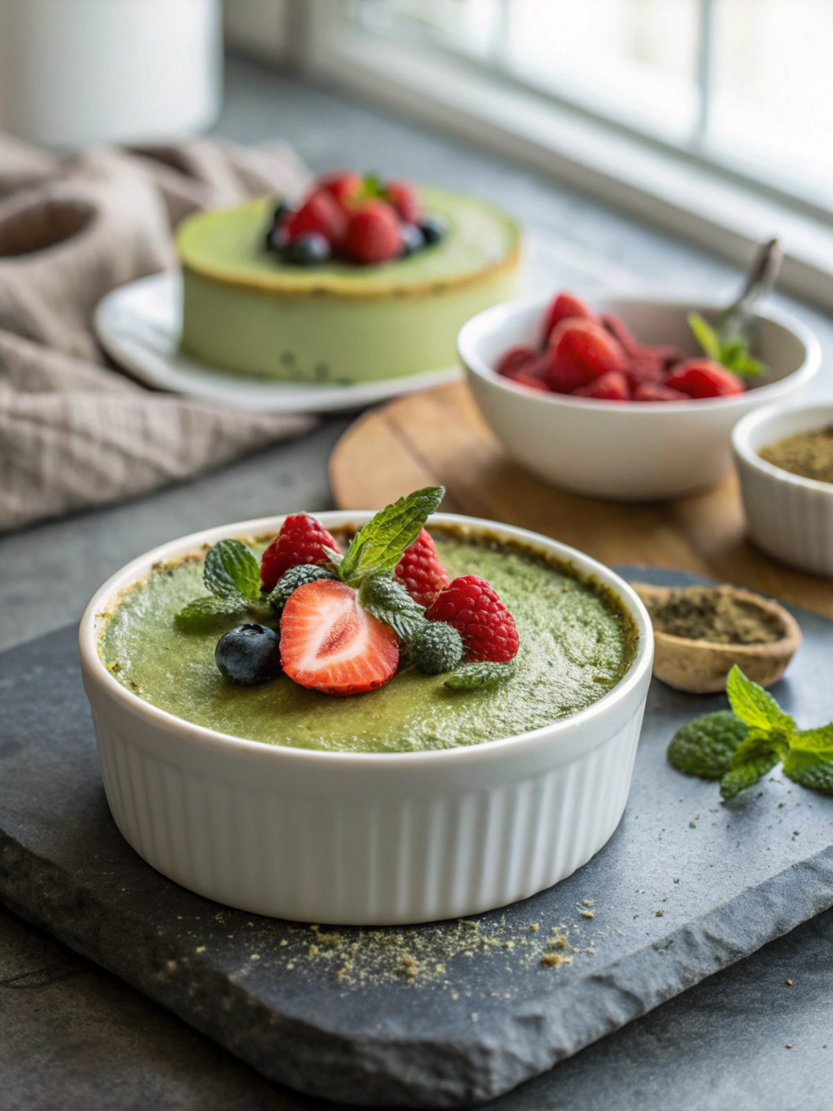 A visually enticing slice of keto matcha cheesecake with a creamy, green layer and delicate crumb crust