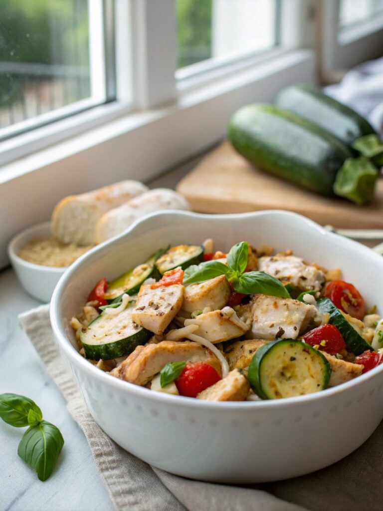 A delightful Keto Mediterranean Chicken Zucchini Skillet ready to serve.