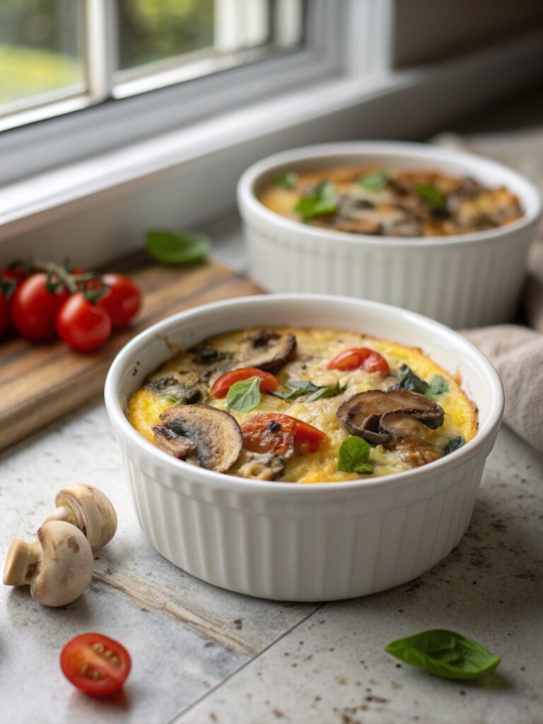 A tantalizing view of the finished keto mushroom breakfast casserole.