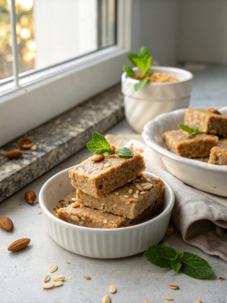 Close-up of Keto No-Bake Almond Flour Bars with a luscious chocolate topping.