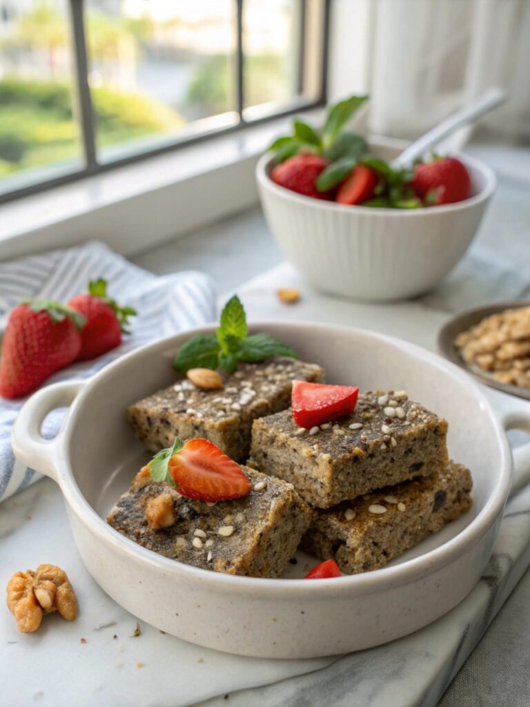 Featured image of keto no-bake chia seeds bars, showing delicious bars cut up and ready to eat