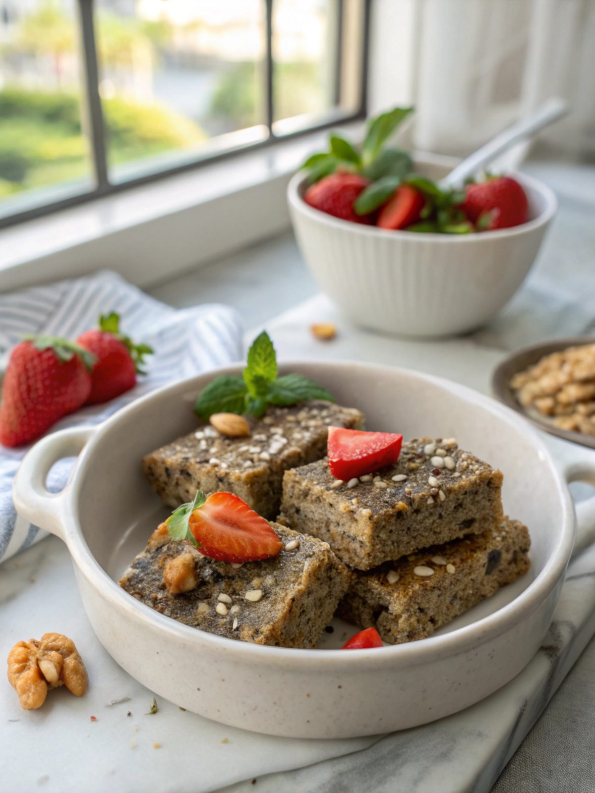 Featured image of keto no-bake chia seeds bars, showing delicious bars cut up and ready to eat
