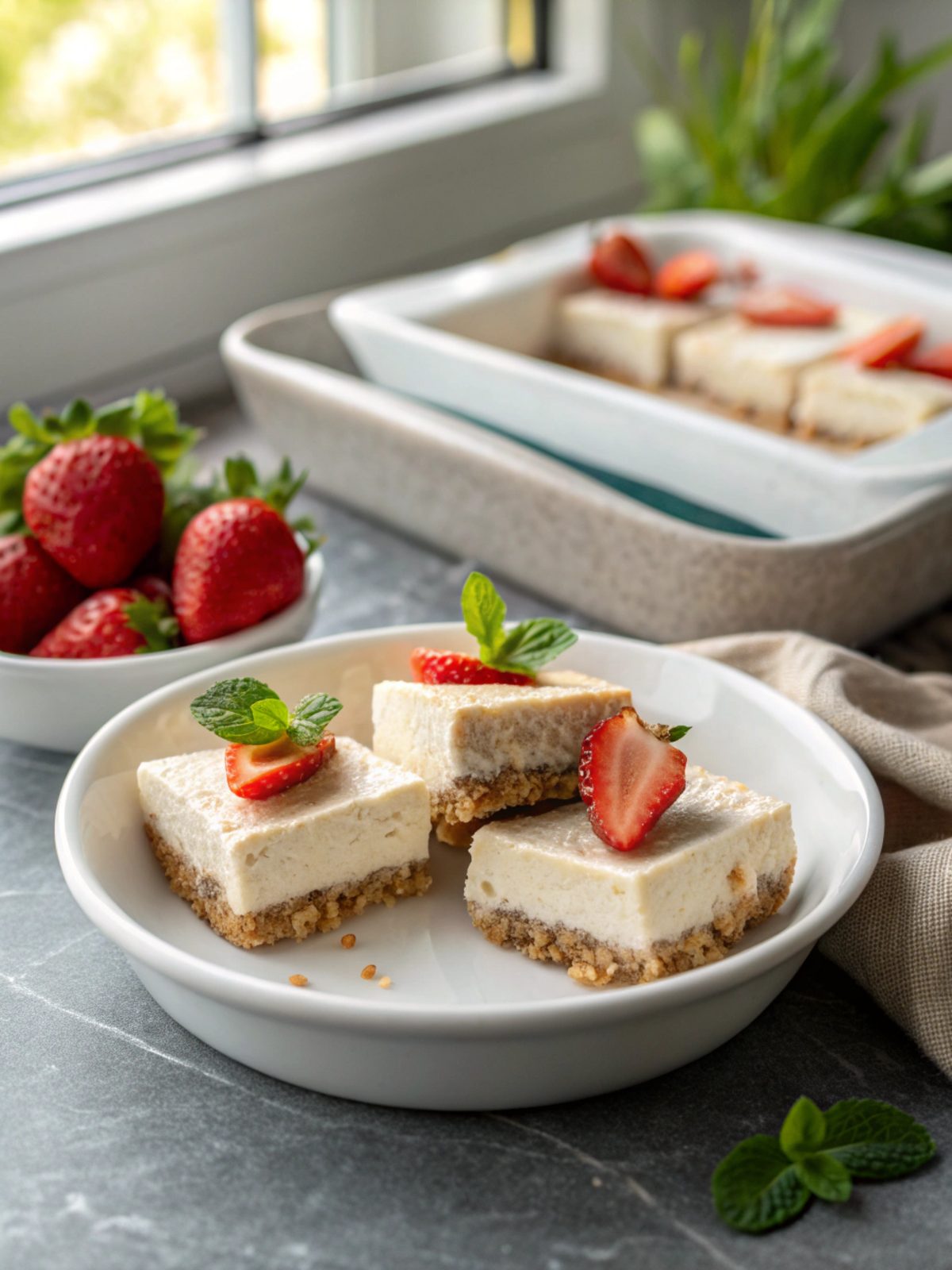 Magnificent keto no-bake cream cheese bars served with elegant garnishes