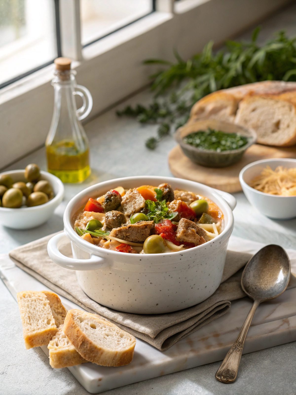 Ready-to-serve Keto Olive Pressure Cooker Meal in a white dish