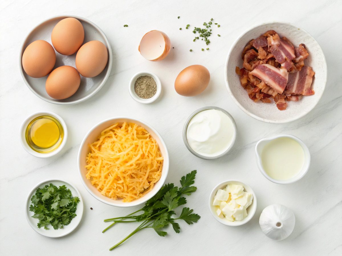 Flat lay of ingredients for Keto Onion Breakfast Casserole.