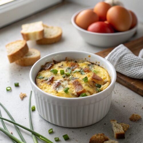 Hero shot of Keto Onion Breakfast Casserole freshly baked.